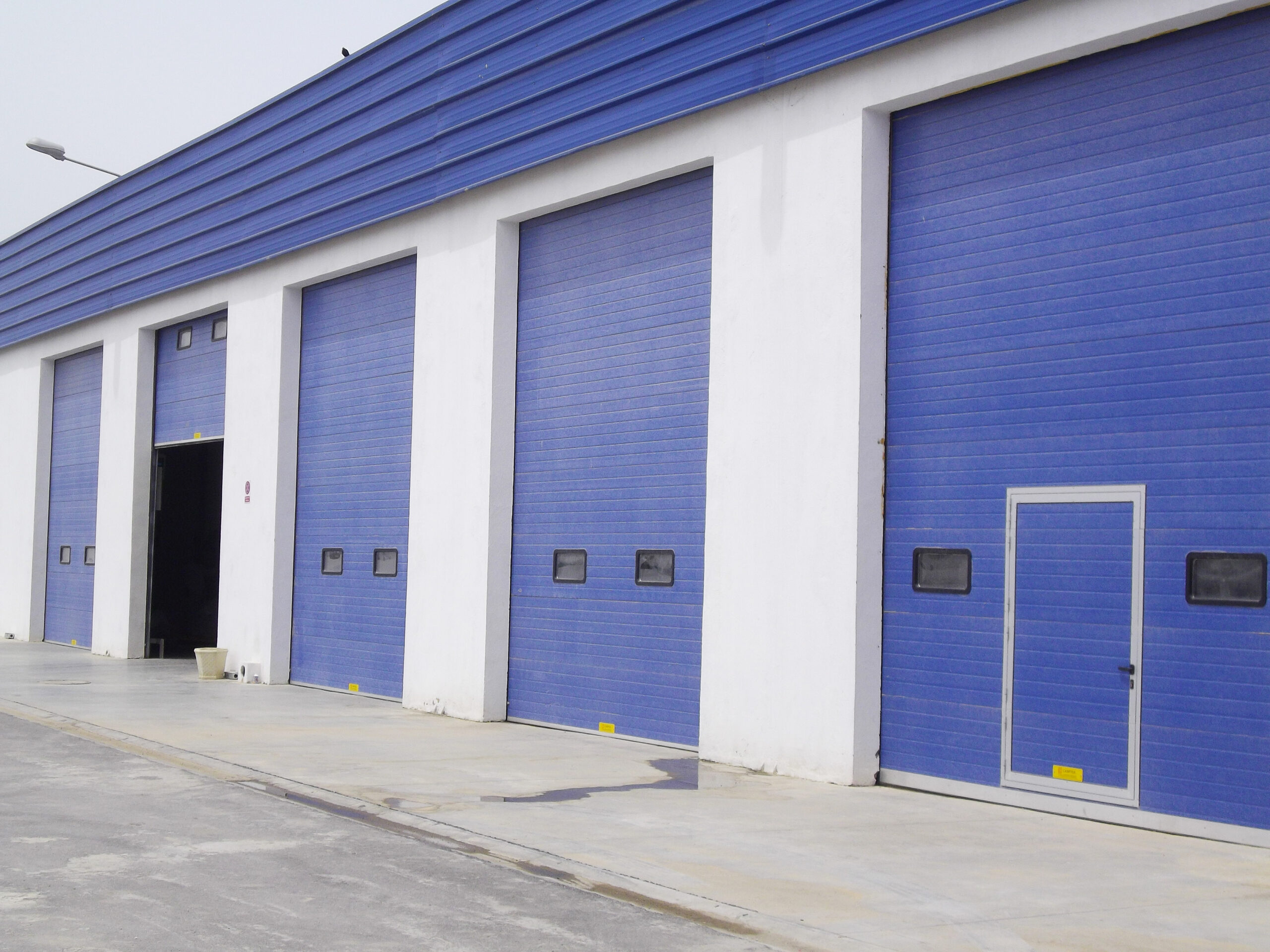 Portes sectionnelles industrielles avec hublots (une avec portillon intégré) couleur bleu.